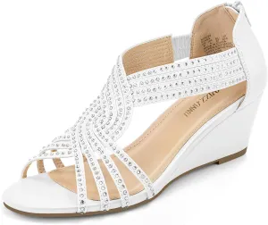 PIZZ ANNU Women's Diana Low Wedge Sandals Sparkly Rhinestone Open Toe Fashion Dress Shoes for Woman Lady in Bridal Dance Evening