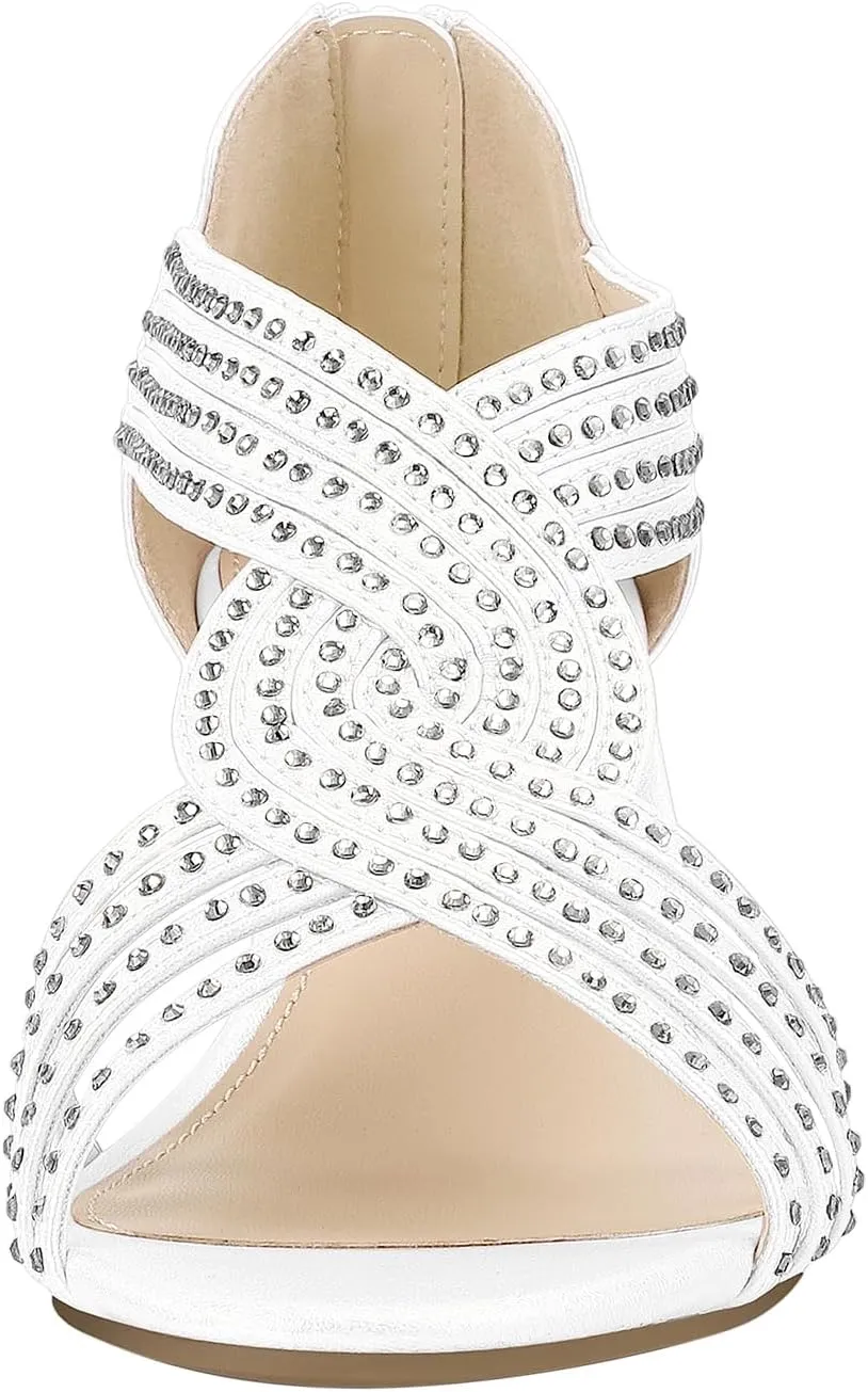 PIZZ ANNU Women's Diana Low Wedge Sandals Sparkly Rhinestone Open Toe Fashion Dress Shoes for Woman Lady in Bridal Dance Evening