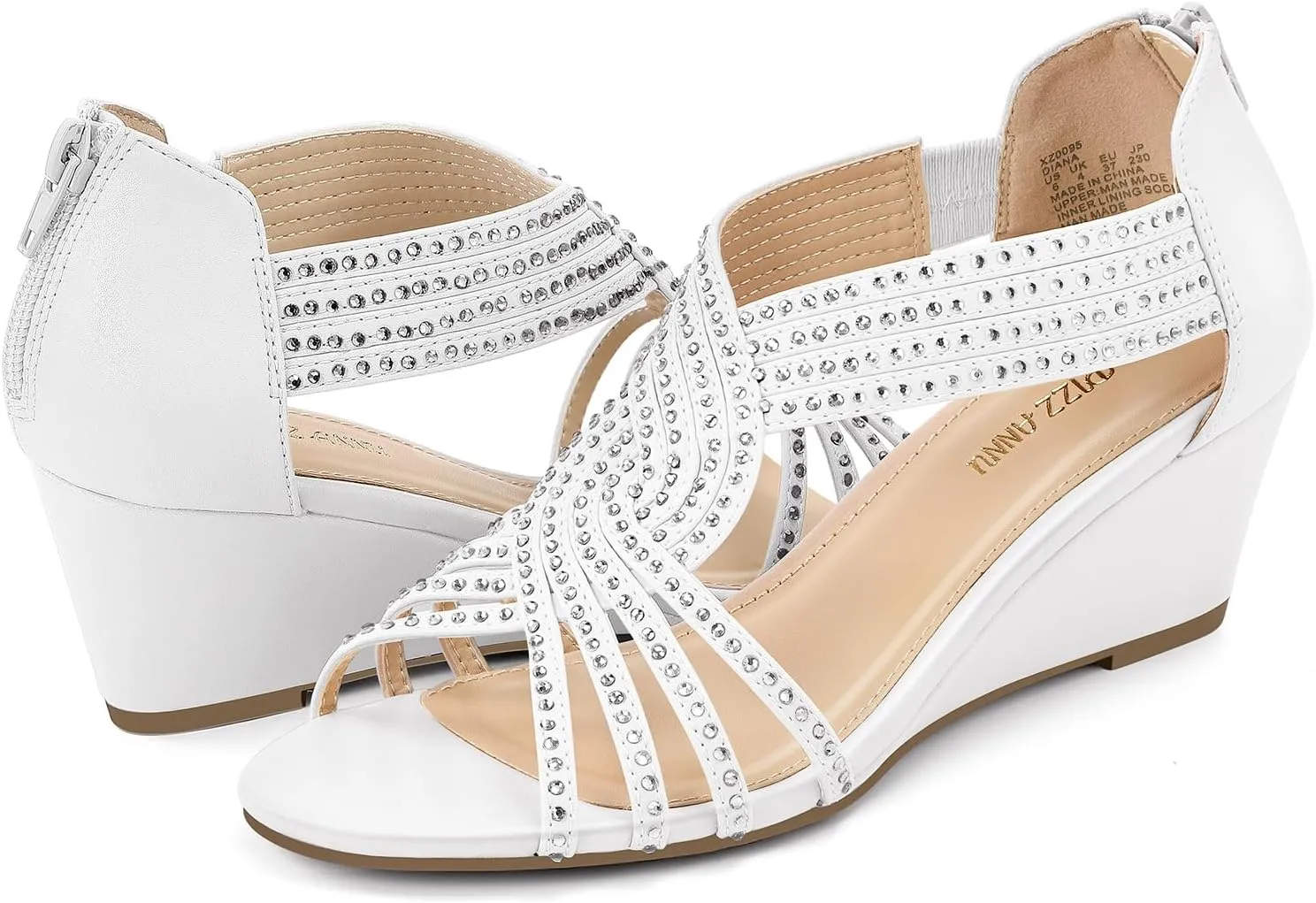 PIZZ ANNU Women's Diana Low Wedge Sandals Sparkly Rhinestone Open Toe Fashion Dress Shoes for Woman Lady in Bridal Dance Evening