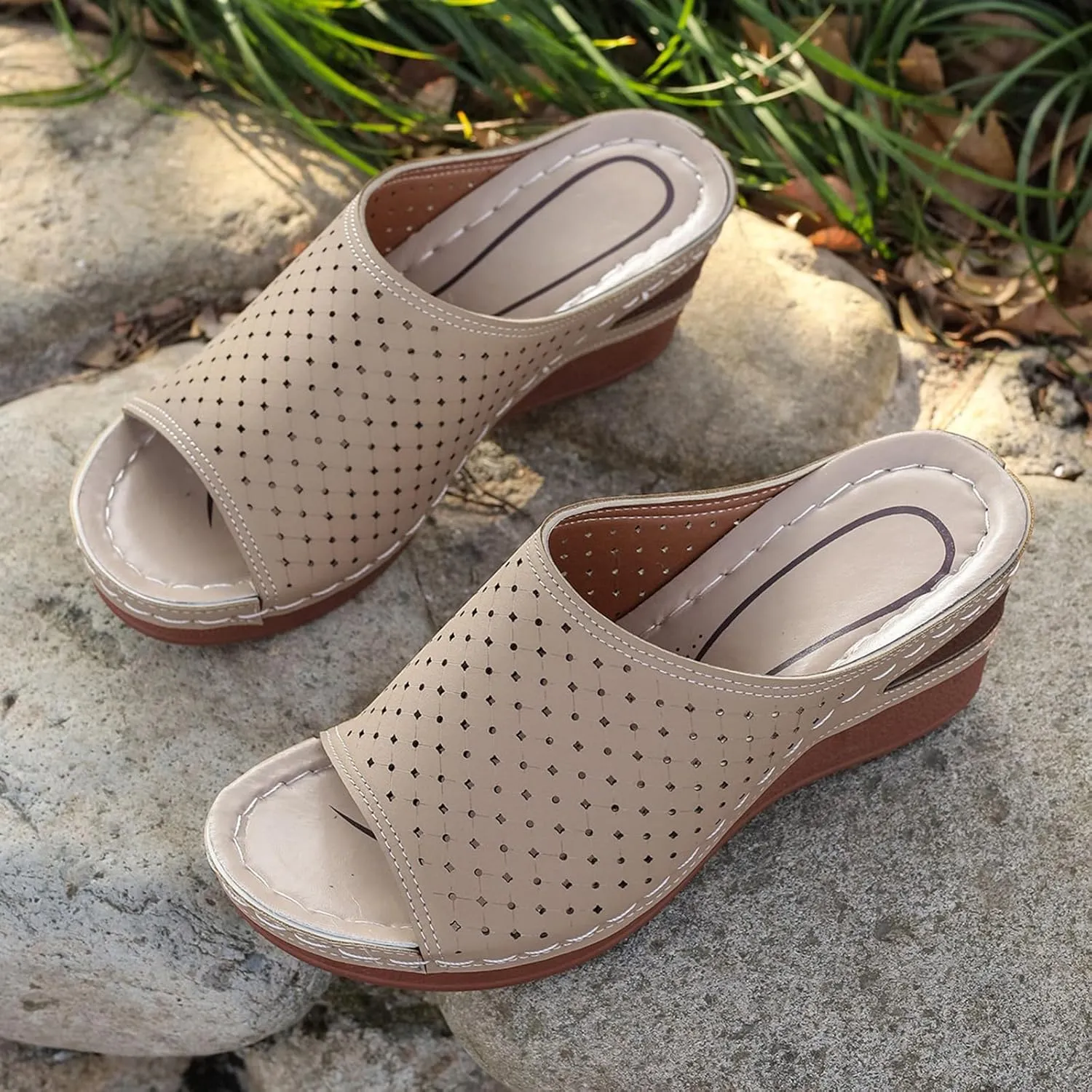 platform mules, women's washable for breathable, sports, leisure, summer shoes, beach sandals, comfortable, trendy with rhinestones,