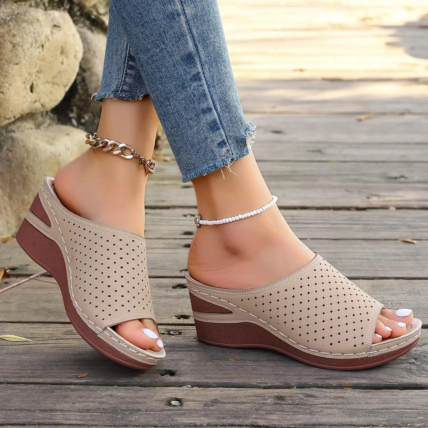 platform mules, women's washable for breathable, sports, leisure, summer shoes, beach sandals, comfortable, trendy with rhinestones,