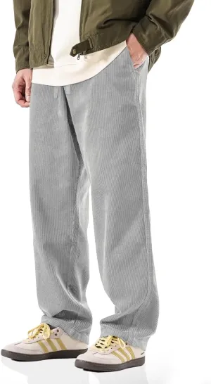 PLEPAN Mens Corduroy Pants Baggy Wide Leg Loose Fit Drawstring Elastic Waist Sweatpants Vintage Pants