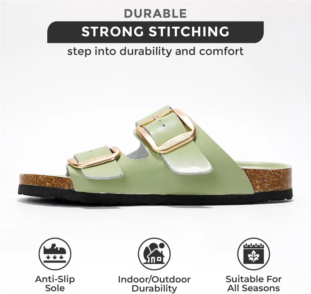 Project Cloud Genuine Leather Flat Sandals Comfortable Beach Essentials Womens Sandals Memory Foam Vacation Essentials Slides for Women Footwear (Santorini)