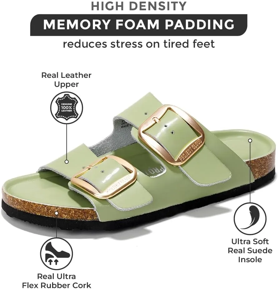 Project Cloud Genuine Leather Flat Sandals Comfortable Beach Essentials Womens Sandals Memory Foam Vacation Essentials Slides for Women Footwear (Santorini)