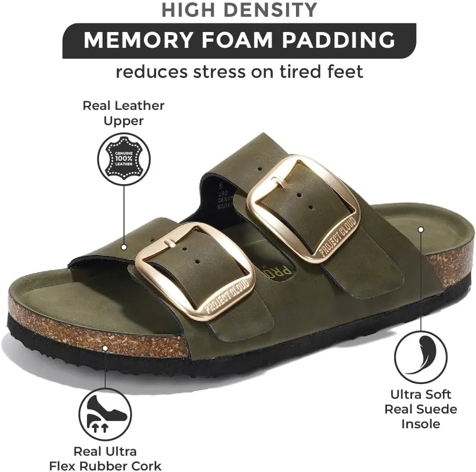 Project Cloud Genuine Leather Flat Sandals Comfortable Beach Essentials Womens Sandals Memory Foam Vacation Essentials Slides for Women Footwear (Santorini)