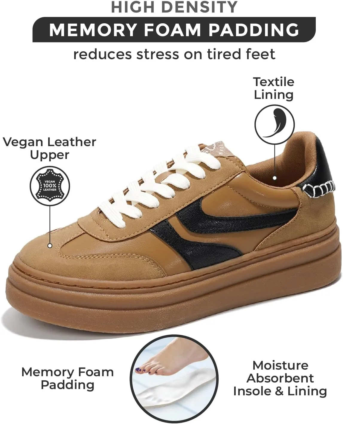 Project Cloud Platform Sneakers for Women Footwear - Memory Foam Insole Womens Shoes, Lightweight and Non-Slip Sole Lace Up Fashion Sneakers (Dodge)