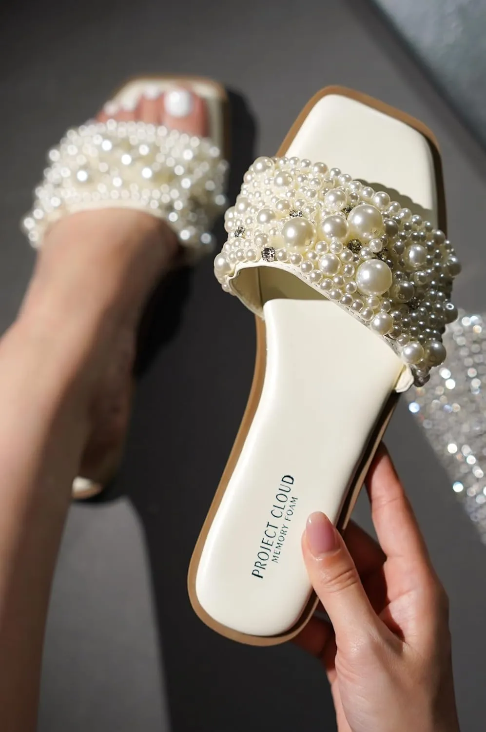 Project Cloud Womens Sandals - Rhinestone Summer Sandals for Women 2025 with Memory Foam Flats - Non-Slip Women's Slides for Women Footwear (Rosemary)