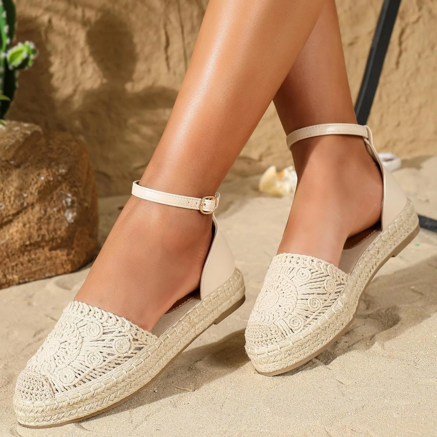 Putu Women's Closed Toe Sandals Ankle Strap Espadrille Platform Sandals Hollow Out Flat Shoes