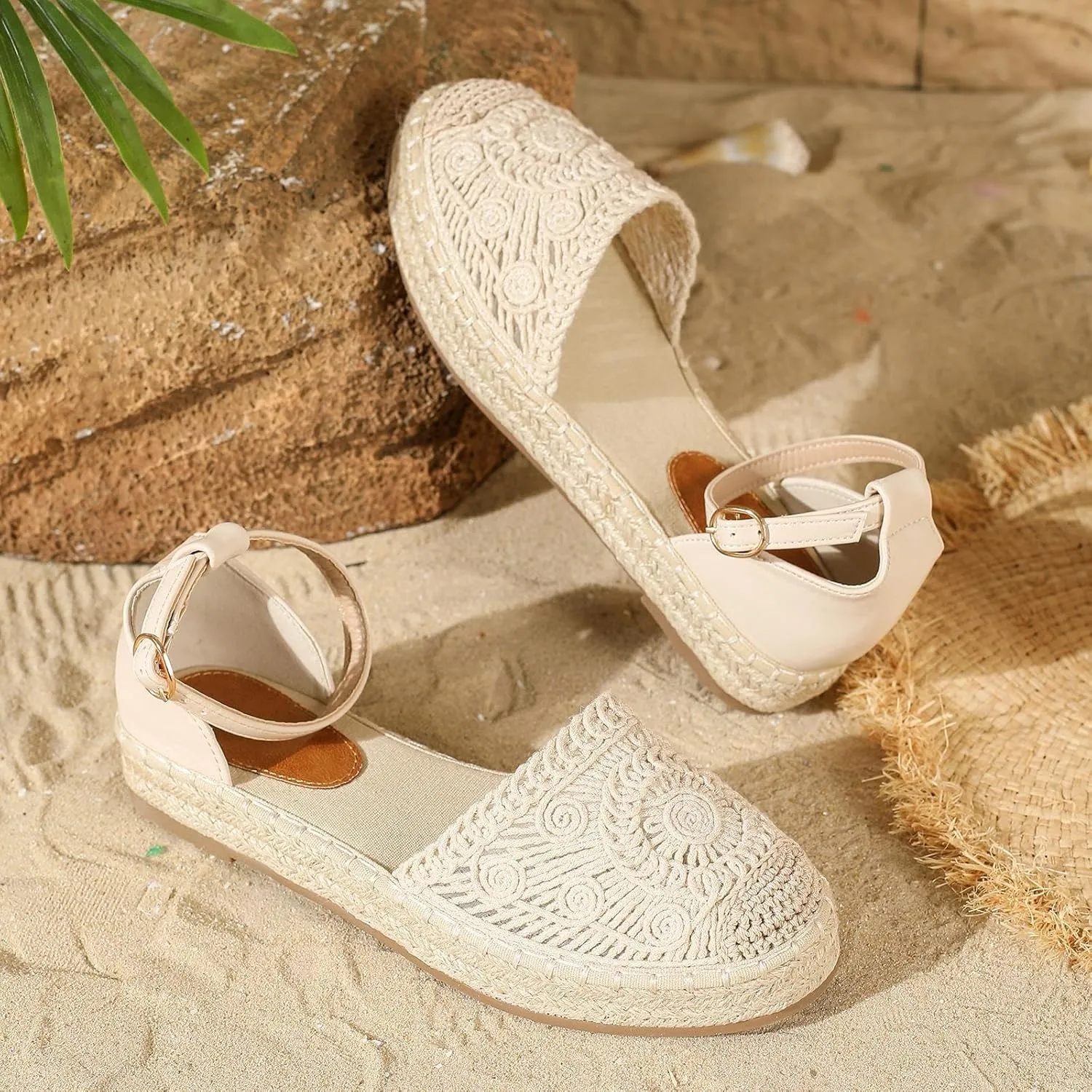 Putu Women's Closed Toe Sandals Ankle Strap Espadrille Platform Sandals Hollow Out Flat Shoes