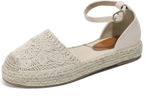 Putu Women's Closed Toe Sandals Ankle Strap Espadrille Platform Sandals Hollow Out Flat Shoes