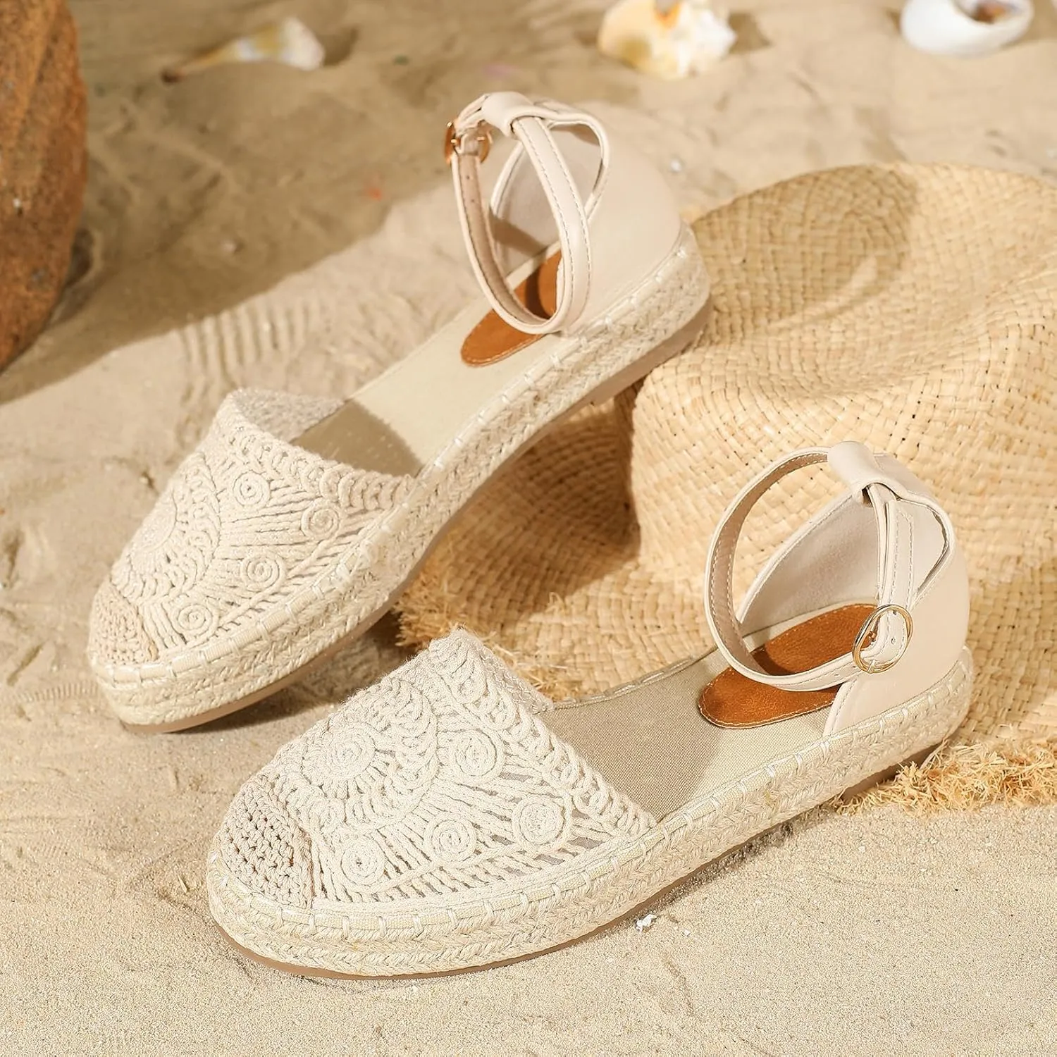Putu Women's Closed Toe Sandals Ankle Strap Espadrille Platform Sandals Hollow Out Flat Shoes