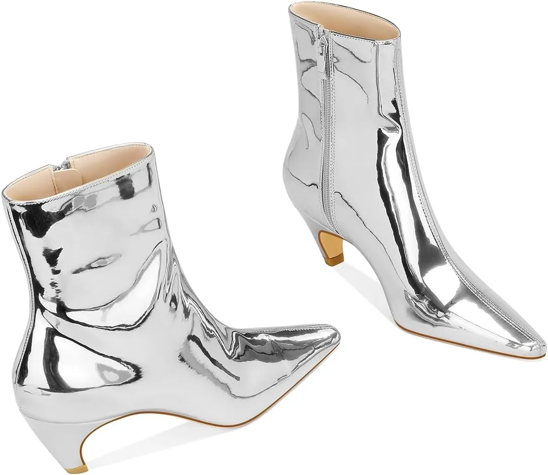RAIZO Women's Metallic Kitten Heel Ankle Boots Pointed Toe Short Booties 2-inch Low Heel Dress Boots Fashion Booties