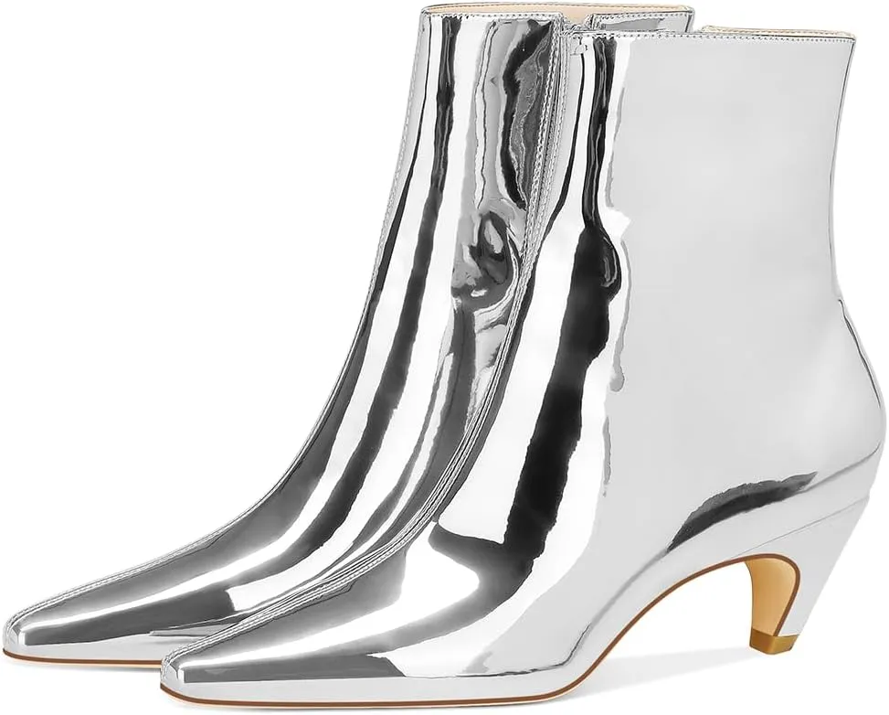 RAIZO Women's Metallic Kitten Heel Ankle Boots Pointed Toe Short Booties 2-inch Low Heel Dress Boots Fashion Booties