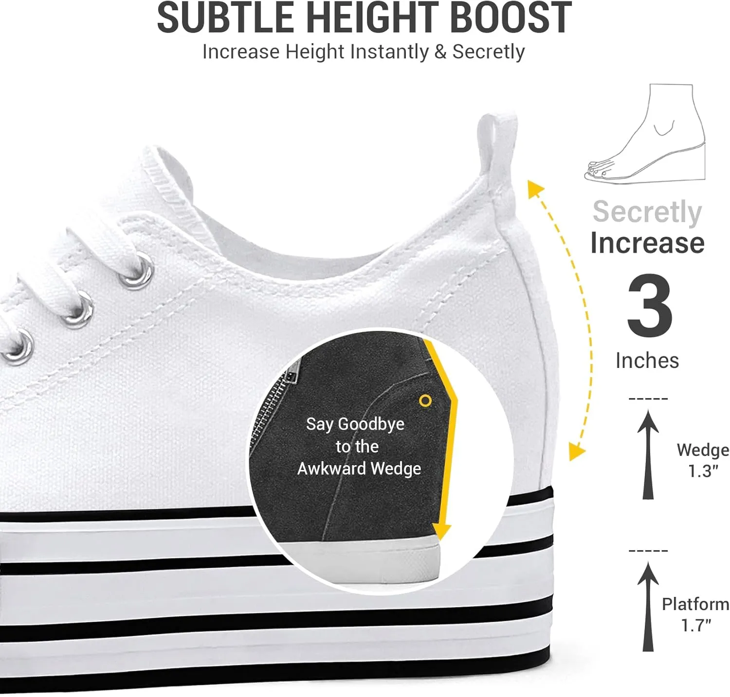 REFRASE LIFE Womens Platform Wedge Sneakers 3 Inches Height Boost Hidden Heel Shoes, Casual Height Increase Walking Fashion Shoes for Women and Girls