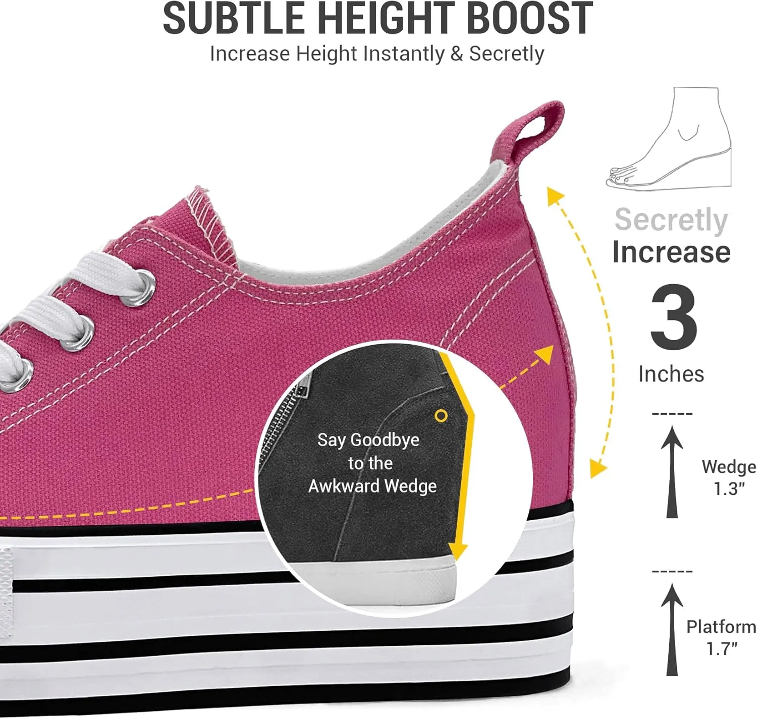 REFRASE LIFE Womens Platform Wedge Sneakers 3 Inches Height Boost Hidden Heel Shoes, Casual Height Increase Walking Fashion Shoes for Women and Girls