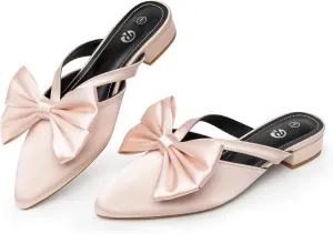 Rekayla Mules for Women Closed Pointed Toe Flats Slip On Women's Mules with Bow Knot Comfortable Backless Loafers Low Heels Casual Work Party Dress Shoes