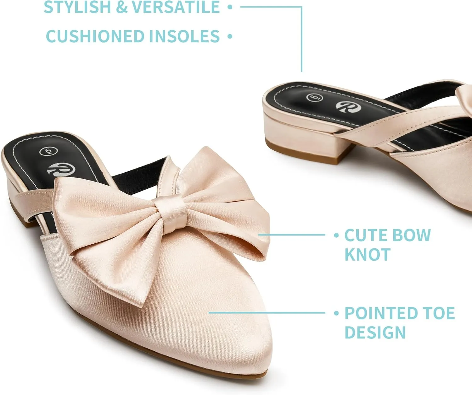 Rekayla Mules for Women Closed Pointed Toe Flats Slip On Women's Mules with Bow Knot Comfortable Backless Loafers Low Heels Casual Work Party Dress Shoes