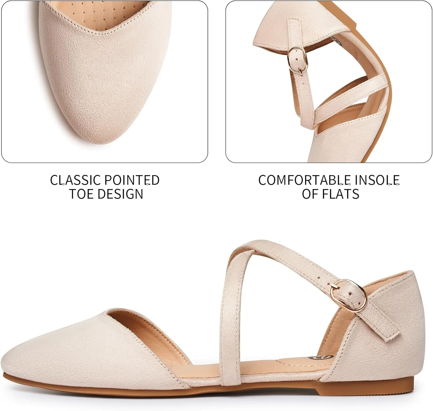 Rekayla Women's Flats Ankle Strap Ballet Flats Dressy Comfortable Women Shoes Criss-Cross Pointed Closed Toe Flats for Women Adjustable Buckle Fashion Cute Dress Flats for Work Wedding Office Casual