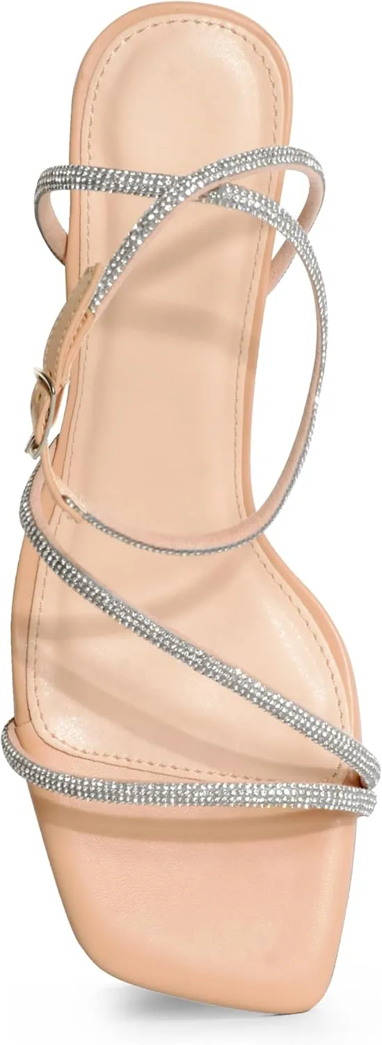Rhinestone Heeled Sandals for Women, Chunky Block Heels for Prom, Sexy Strappy Heels Summer Sandals Open Toe Mid Heels for Women