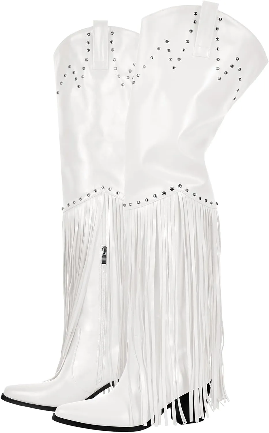 richealnini Fringe Thigh High Boots with Tassels Western Cowboy Boots Zip Up Wide Calf Sock Booties