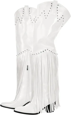 richealnini Fringe Thigh High Boots with Tassels Western Cowboy Boots Zip Up Wide Calf Sock Booties