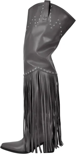 richealnini Fringe Thigh High Boots with Tassels Western Cowboy Boots Zip Up Wide Calf Sock Booties