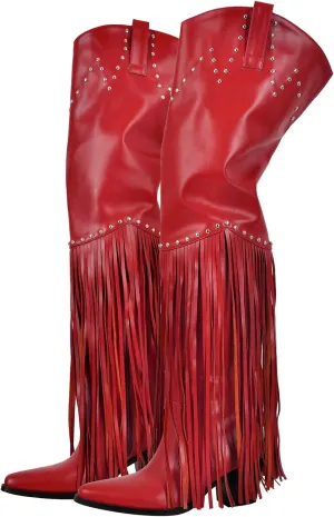 richealnini Fringe Thigh High Boots with Tassels Western Cowboy Boots Zip Up Wide Calf Sock Booties