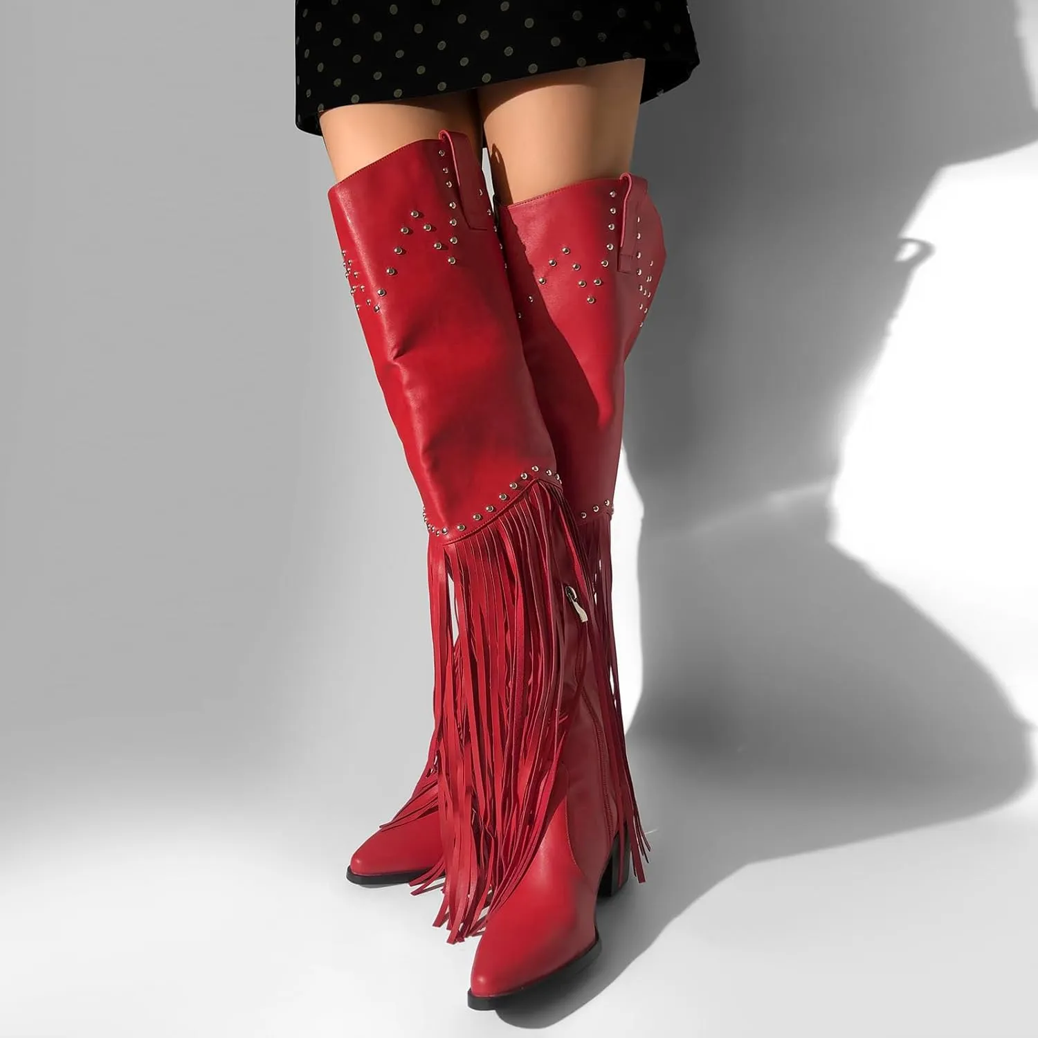 richealnini Fringe Thigh High Boots with Tassels Western Cowboy Boots Zip Up Wide Calf Sock Booties