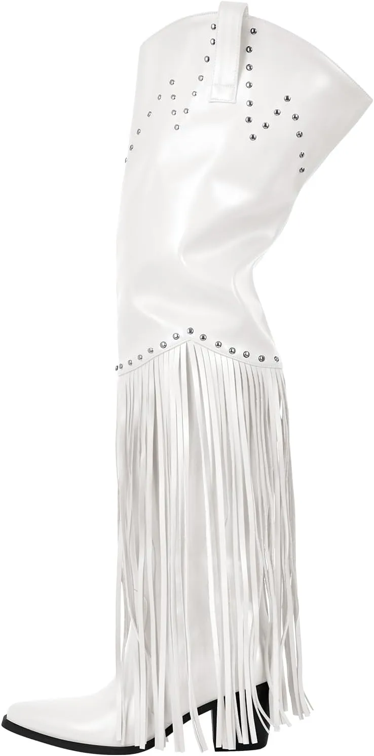 richealnini Fringe Thigh High Boots with Tassels Western Cowboy Boots Zip Up Wide Calf Sock Booties