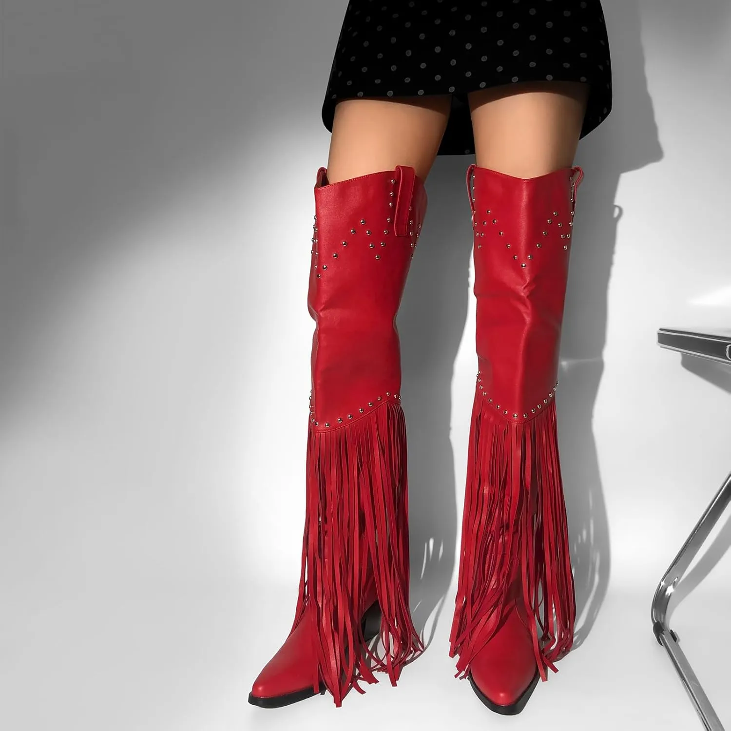 richealnini Fringe Thigh High Boots with Tassels Western Cowboy Boots Zip Up Wide Calf Sock Booties