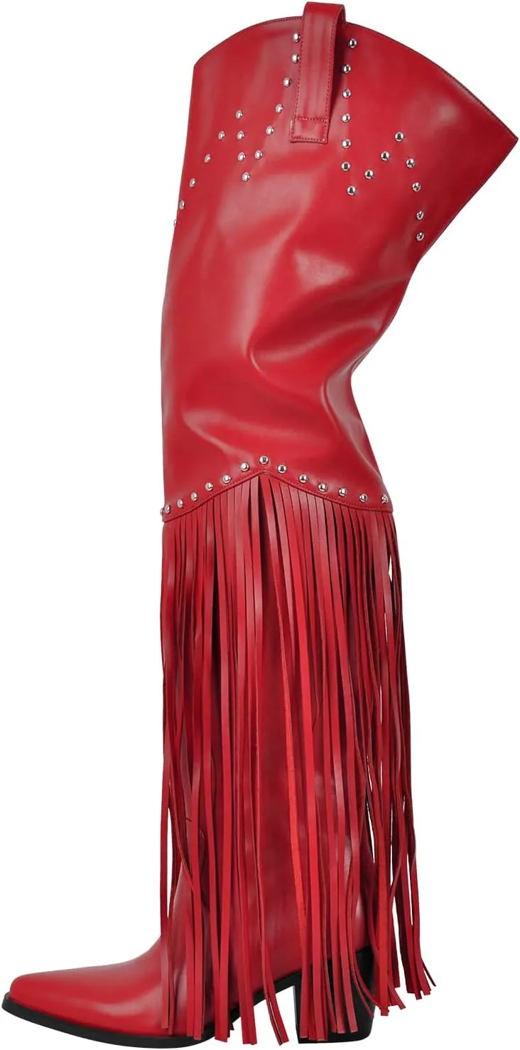 richealnini Fringe Thigh High Boots with Tassels Western Cowboy Boots Zip Up Wide Calf Sock Booties