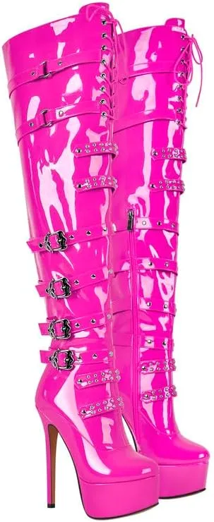 richealnini Women's Platform Heel Thigh High Boots with Zippers Lace Up Sexy Sky High Heels Long Shaft Over the Knee High Boots
