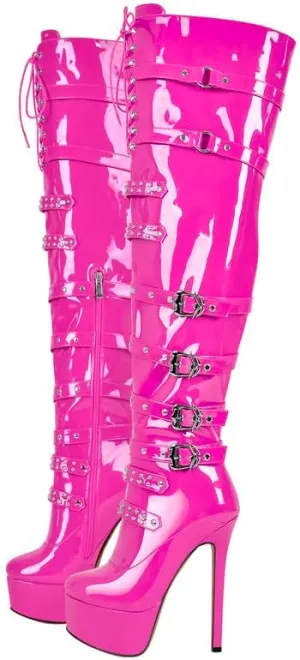 richealnini Women's Platform Heel Thigh High Boots with Zippers Lace Up Sexy Sky High Heels Long Shaft Over the Knee High Boots