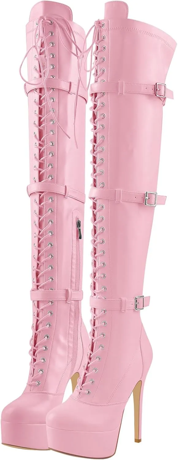 richealnini Women's Platform Lace Up Boots Zipper Dress Long Booties Wedding Dress