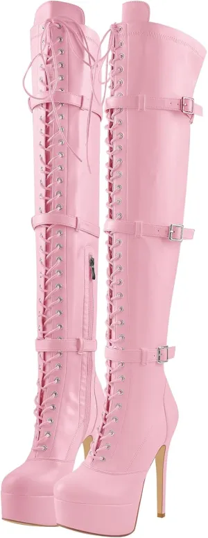 richealnini Women's Platform Lace Up Boots Zipper Dress Long Booties Wedding Dress