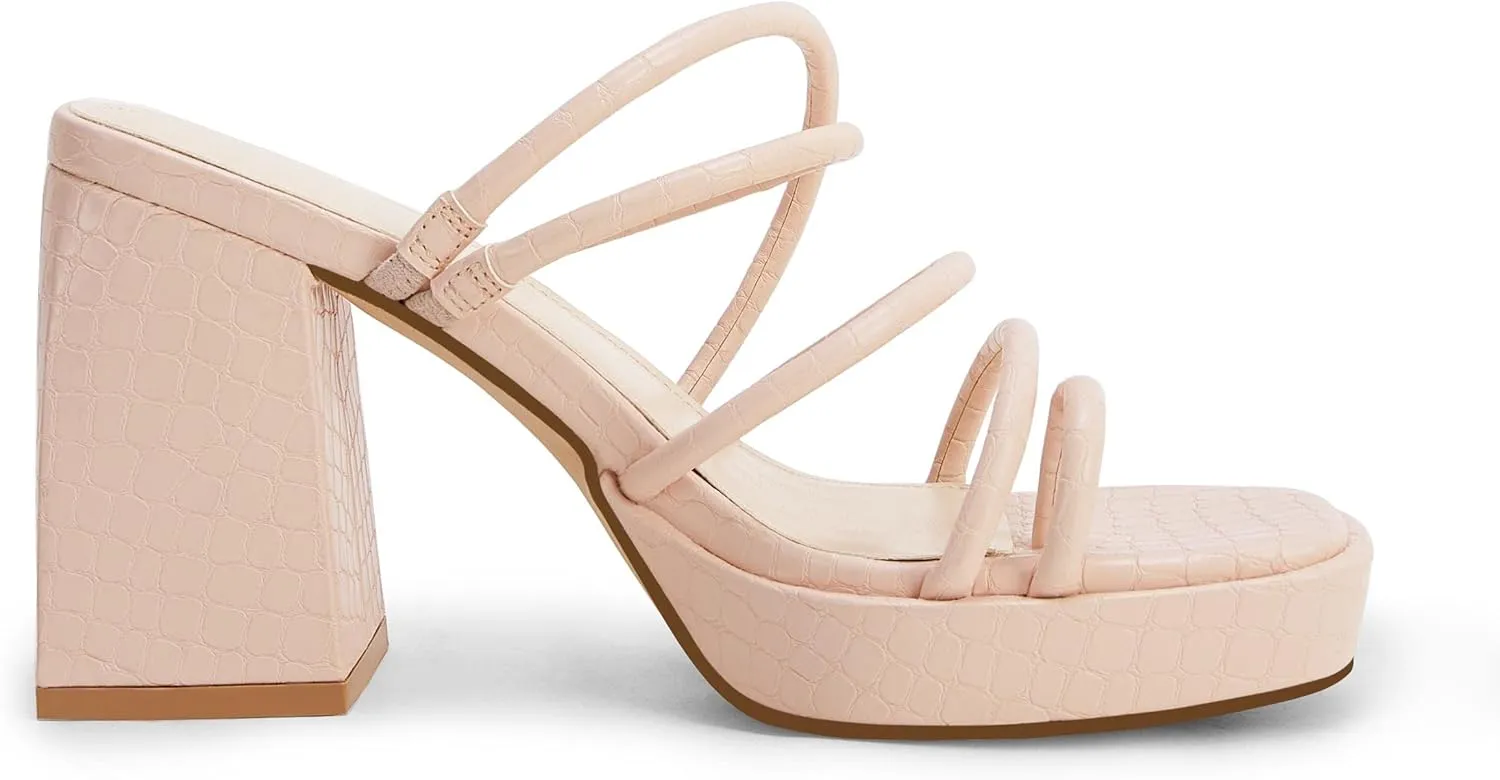 Rilista Women's Chunky Heels Strappy Platform Square Toe Block Heeled Sandals Slip On Mules