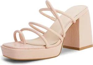 Rilista Women's Chunky Heels Strappy Platform Square Toe Block Heeled Sandals Slip On Mules