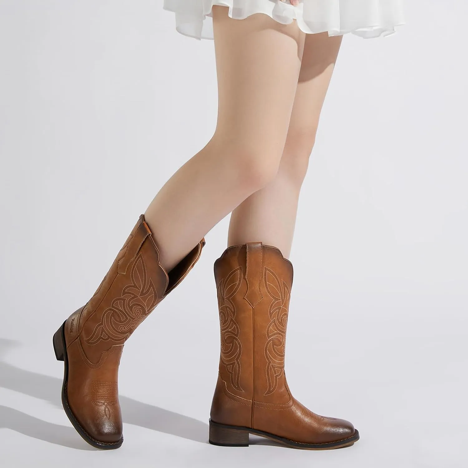 Rollda Cowgirl Boots Cowboy Boots for Women Square Toe Mid Calf Western Boots Ladies Fashion Boots with Chunky Heel