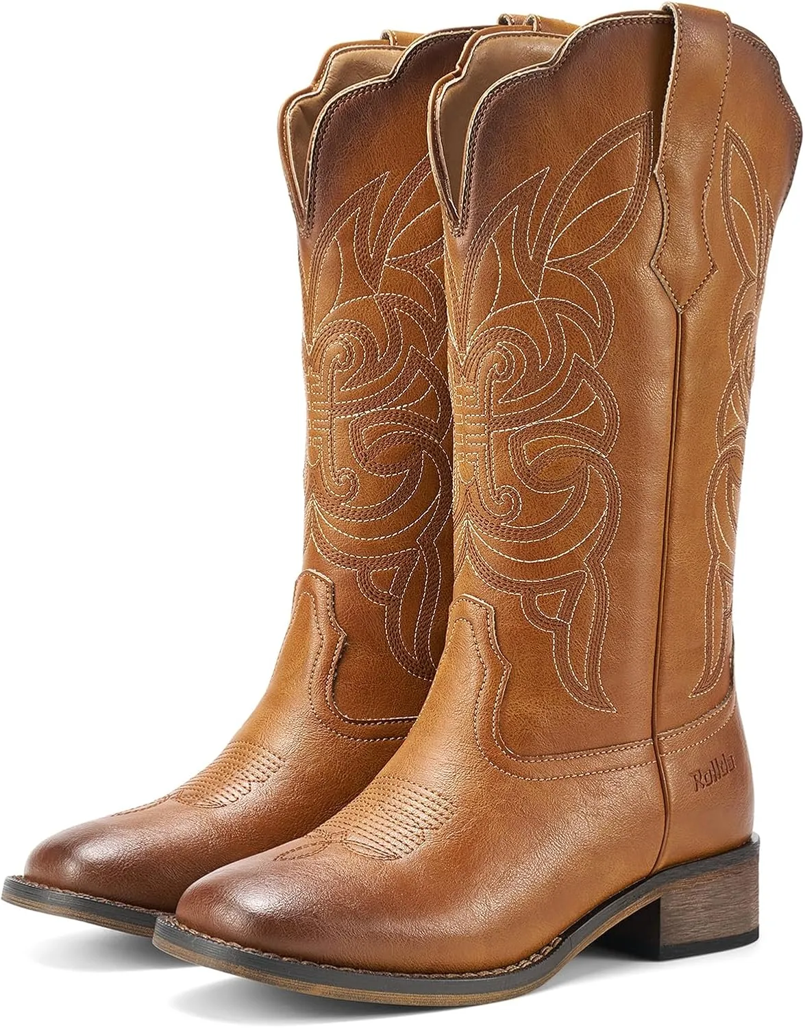 Rollda Cowgirl Boots Cowboy Boots for Women Square Toe Mid Calf Western Boots Ladies Fashion Boots with Chunky Heel