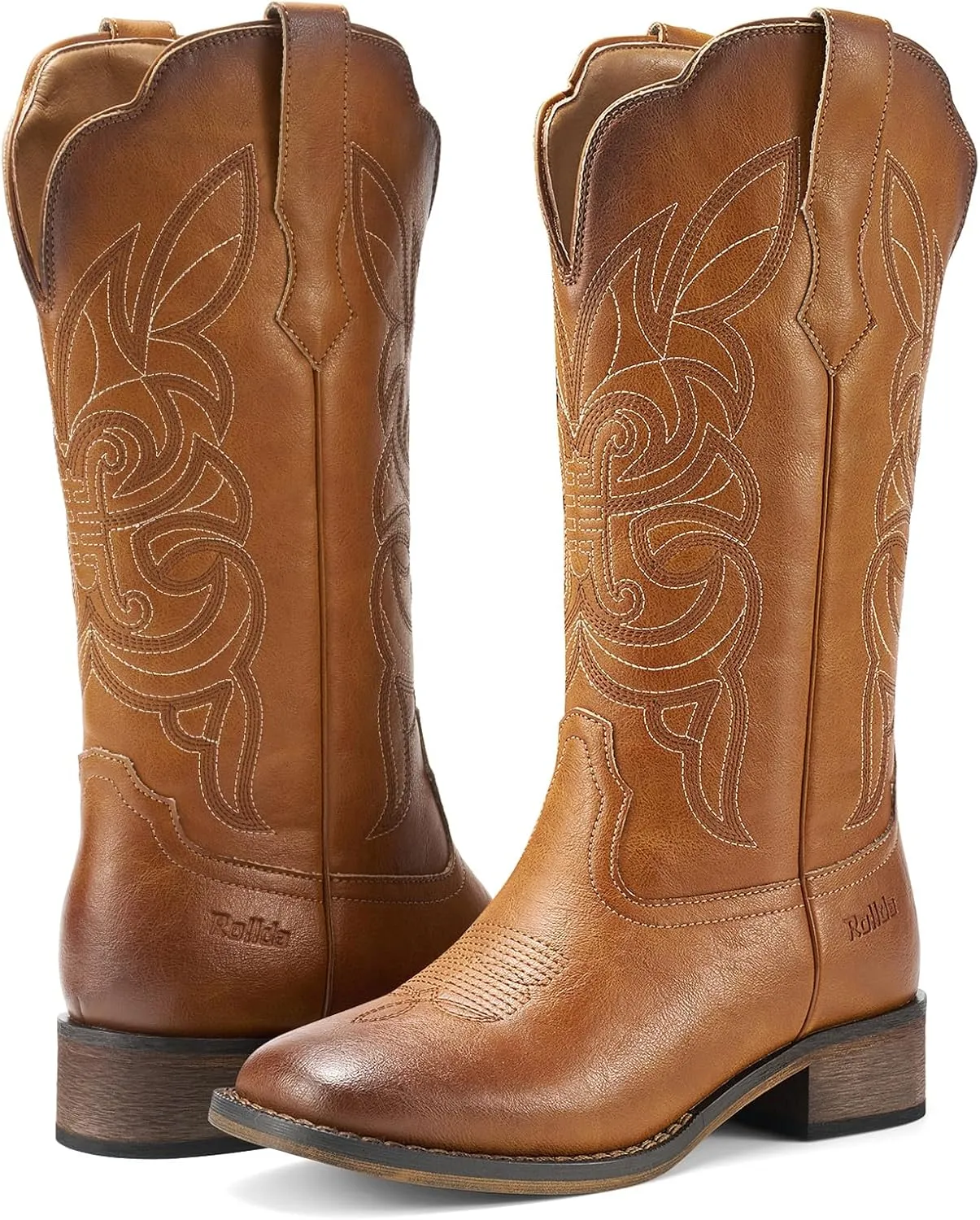 Rollda Cowgirl Boots Cowboy Boots for Women Square Toe Mid Calf Western Boots Ladies Fashion Boots with Chunky Heel