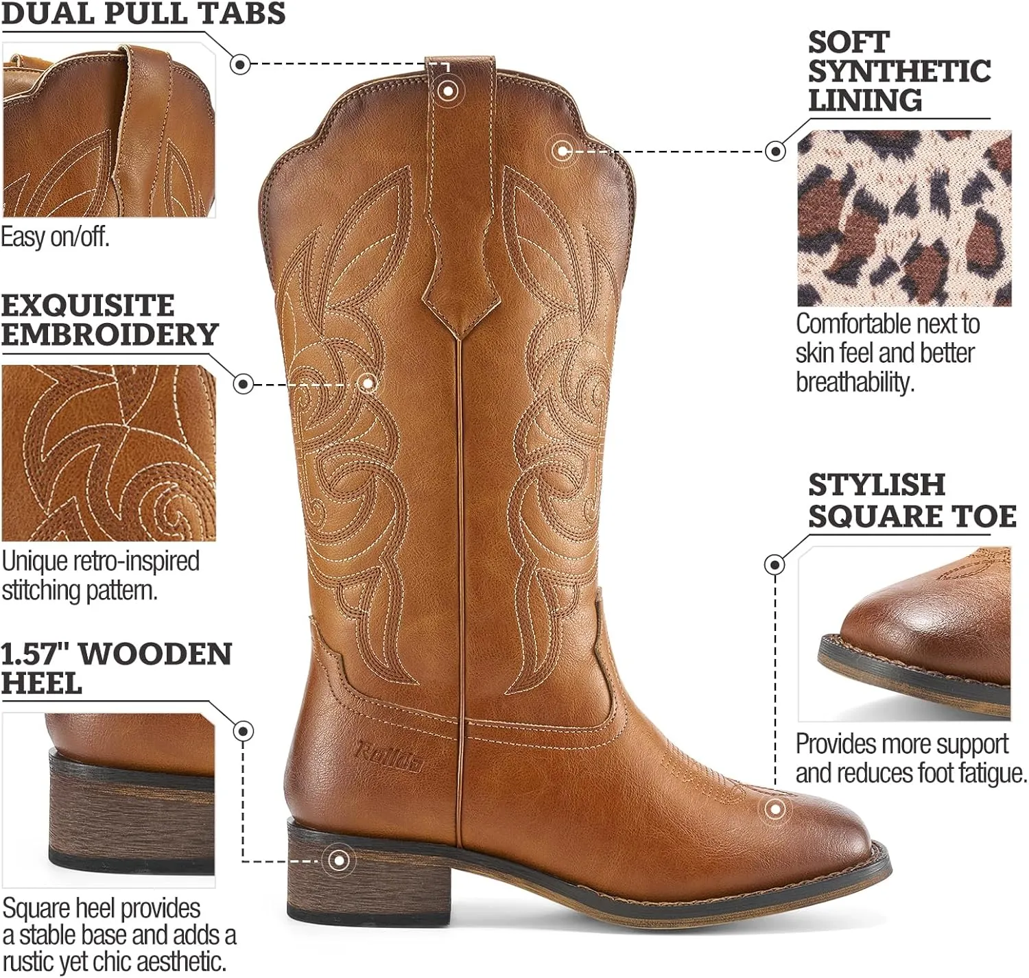 Rollda Cowgirl Boots Cowboy Boots for Women Square Toe Mid Calf Western Boots Ladies Fashion Boots with Chunky Heel