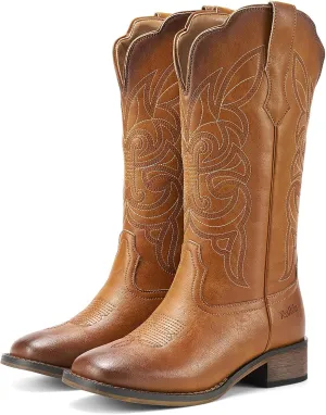 Rollda Cowgirl Boots Cowboy Boots for Women Square Toe Mid Calf Western Boots Ladies Fashion Boots with Chunky Heel