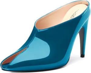 ROSERWISH Heeled Mules for Woman High Heel Mules Slip on Casual Slide Mules Square Toe Stiletto Heels Patent Comfortable Fashion Dress Shoes