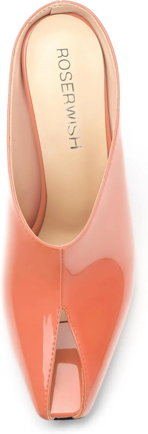 ROSERWISH Heeled Mules for Woman High Heel Mules Slip on Casual Slide Mules Square Toe Stiletto Heels Patent Comfortable Fashion Dress Shoes
