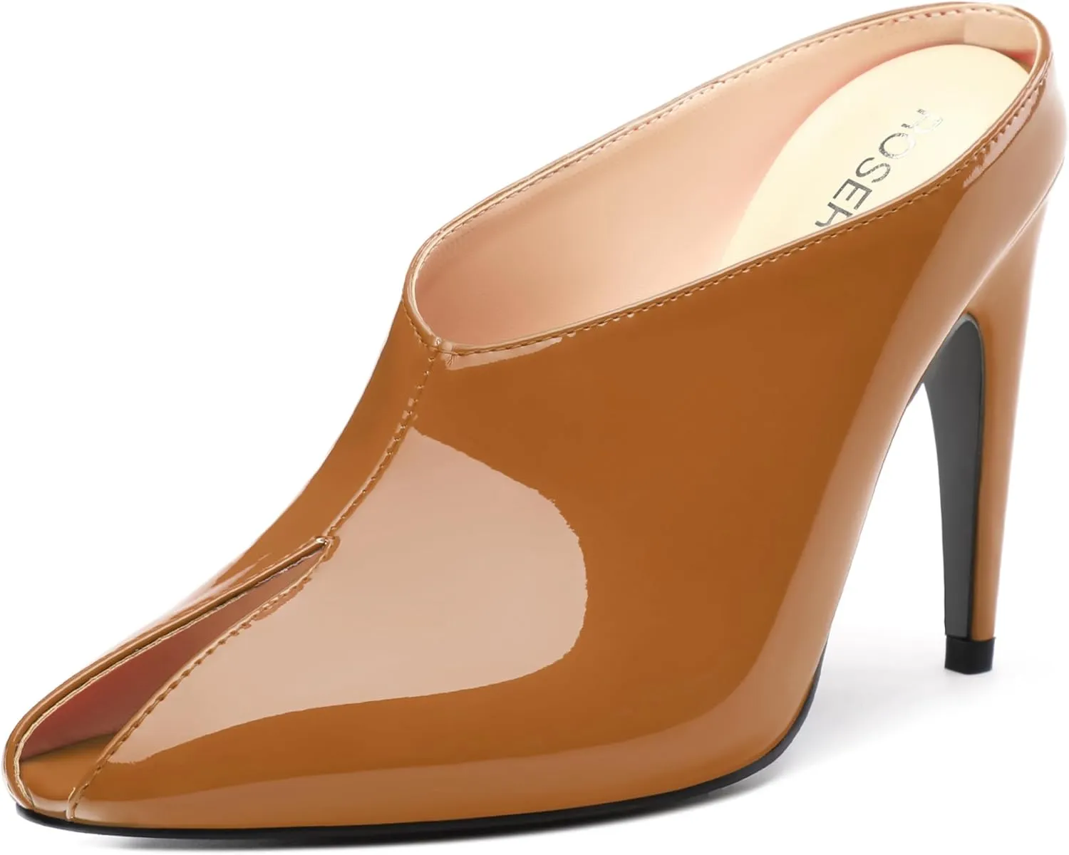 ROSERWISH Heeled Mules for Woman High Heel Mules Slip on Casual Slide Mules Square Toe Stiletto Heels Patent Comfortable Fashion Dress Shoes