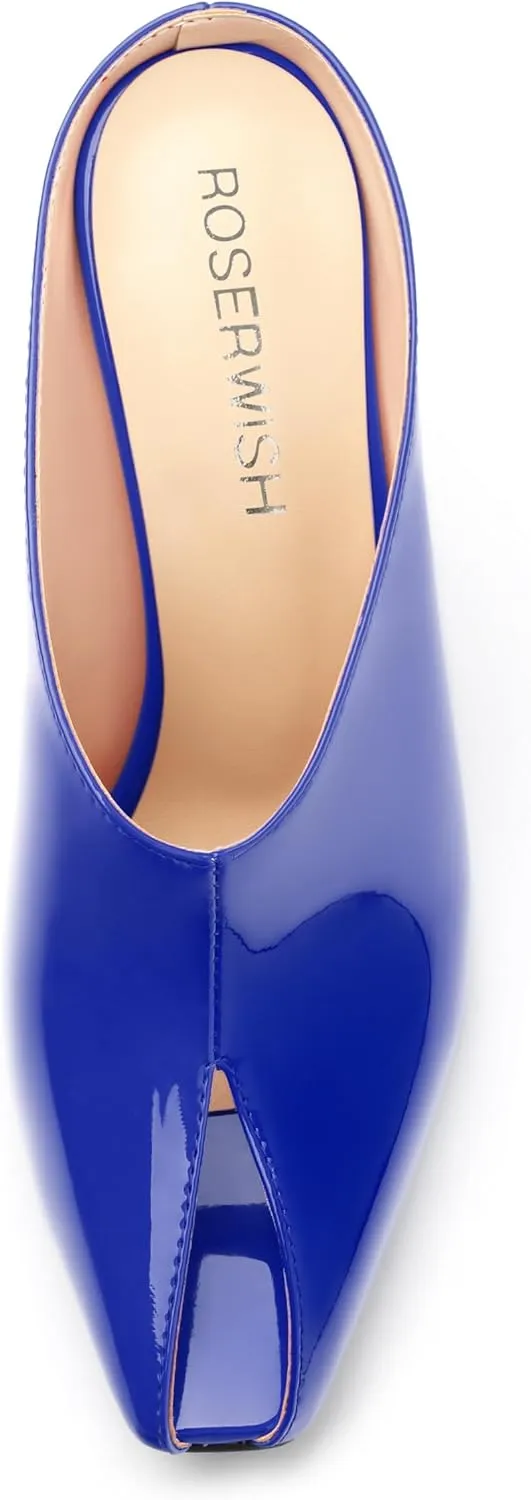 ROSERWISH Heeled Mules for Woman High Heel Mules Slip on Casual Slide Mules Square Toe Stiletto Heels Patent Comfortable Fashion Dress Shoes