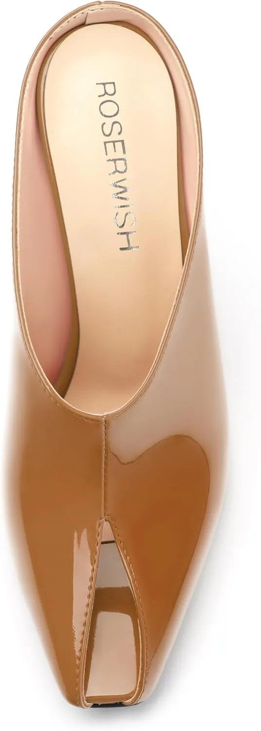 ROSERWISH Heeled Mules for Woman High Heel Mules Slip on Casual Slide Mules Square Toe Stiletto Heels Patent Comfortable Fashion Dress Shoes