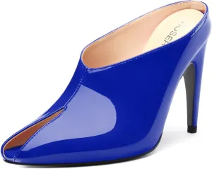 ROSERWISH Heeled Mules for Woman High Heel Mules Slip on Casual Slide Mules Square Toe Stiletto Heels Patent Comfortable Fashion Dress Shoes