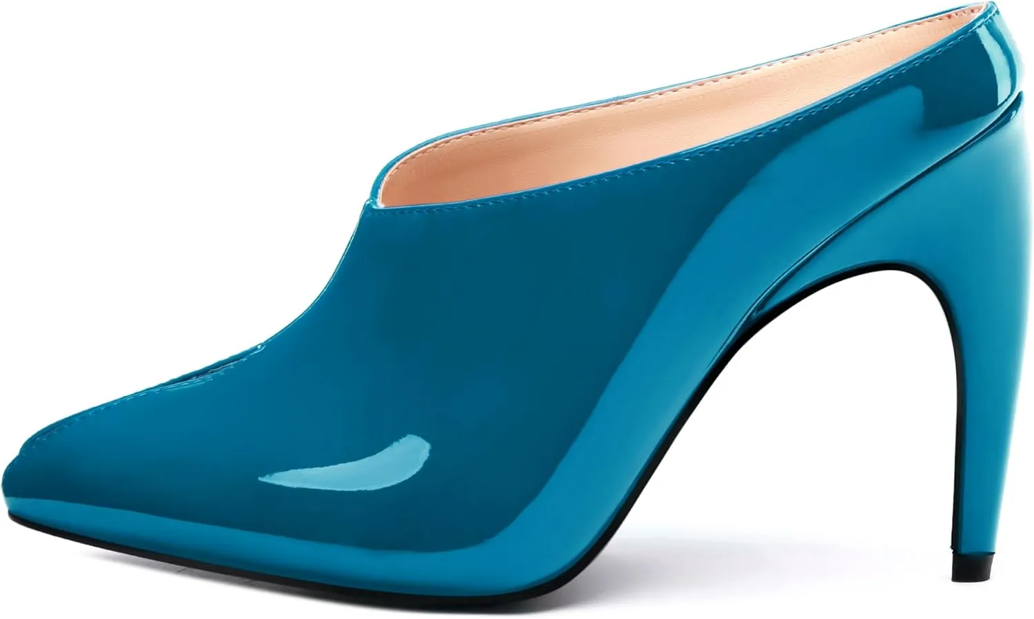 ROSERWISH Heeled Mules for Woman High Heel Mules Slip on Casual Slide Mules Square Toe Stiletto Heels Patent Comfortable Fashion Dress Shoes