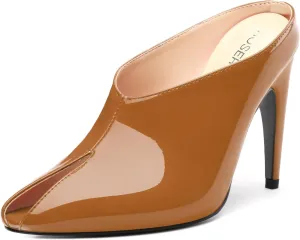 ROSERWISH Heeled Mules for Woman High Heel Mules Slip on Casual Slide Mules Square Toe Stiletto Heels Patent Comfortable Fashion Dress Shoes
